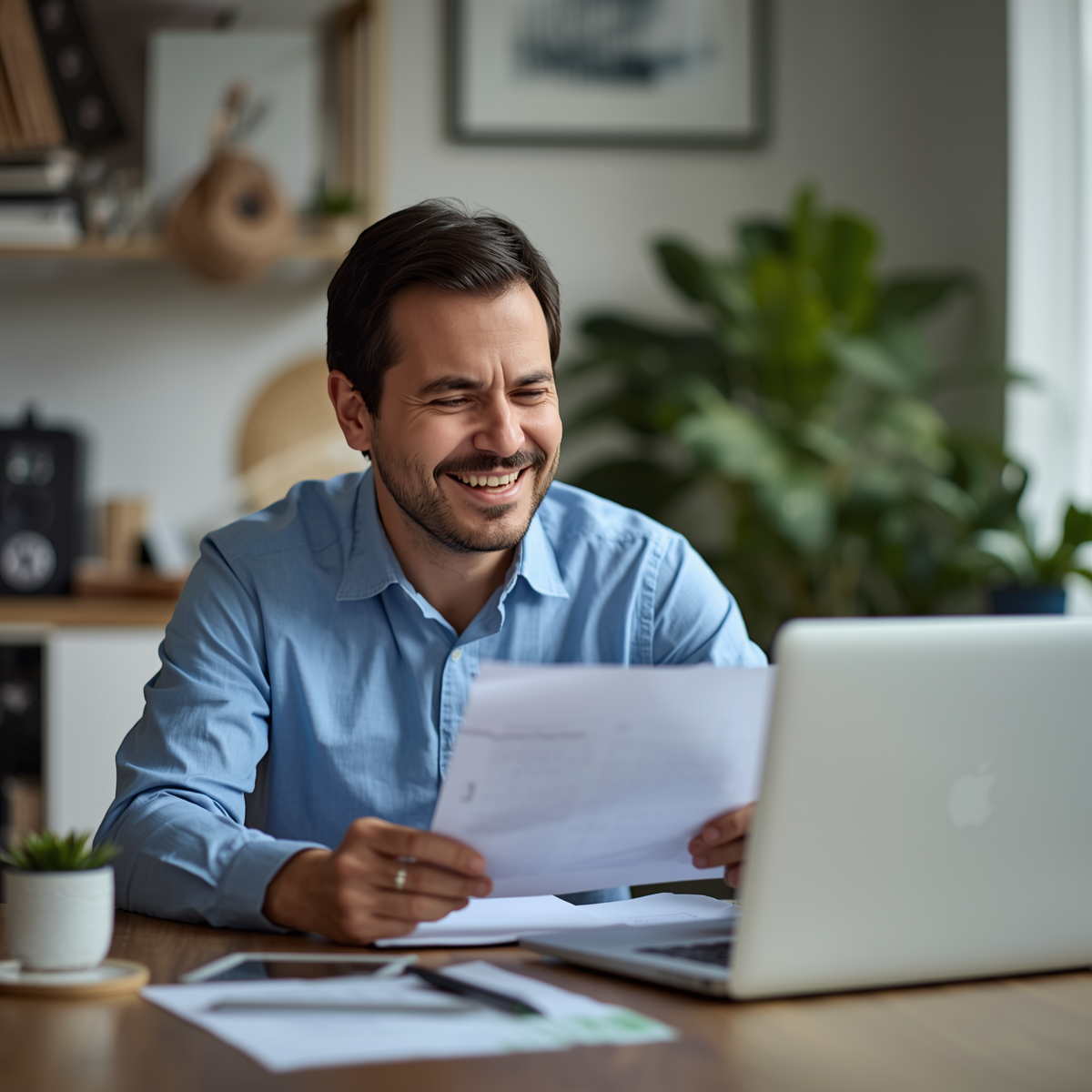 Persona aliviada revisando documentos